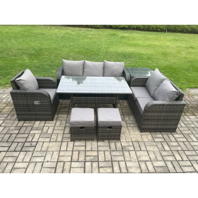Fimous 8 Seater Garden Rattan Furniture Dining Table Sofa Set Indoor Outdoor with Reclining Chairs Side Table 2 Small Footstools Dark Grey Mixed