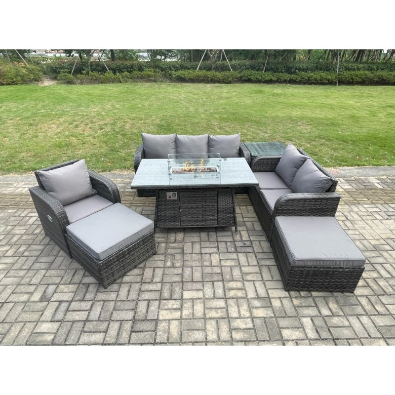 Fimous Garden Patio Furniture Wicker Rattan Gas Fire Pit Table and Sofa Chair set with Side Tables 2 Big Footstool