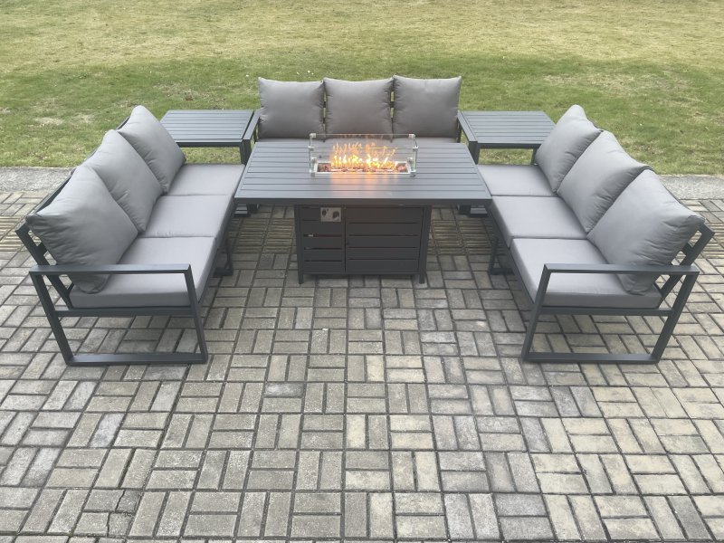 Fimous Aluminium 9 Seater Garden Furniture Outdoor Set Patio Lounge Sofa Gas Fire Pit Dining Table Set with 2 Side Tables Dark Grey