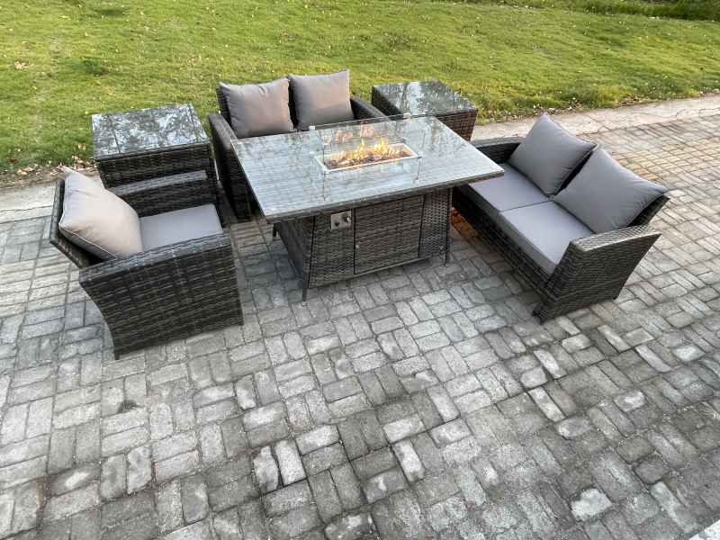 Fimous Rattan Outdoor Garden Furniture Gas Fire Pit Table Sets Gas Heater with Love Sofa Armchair 2 Side Tables 5 Seater Dark Mixed Grey