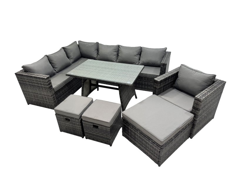 Fimous 10-seater Outdoor PE Rattan Sofa Set with Dining Table Patio Garden Furniture Sets with Chair 3 Stools Dark Grey Mixed