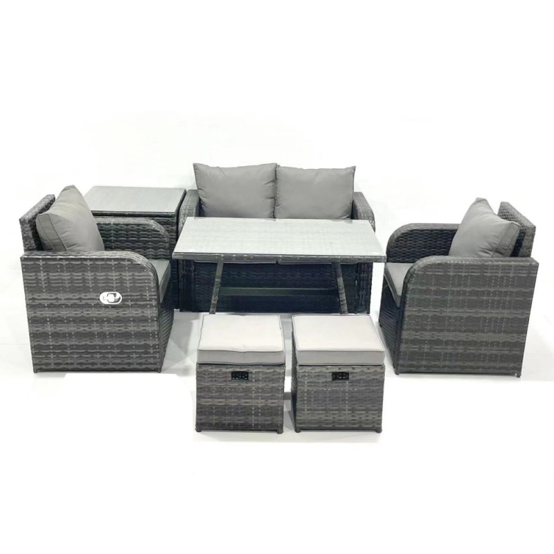 Fimous Outdoor Garden Furniture Set Rattan Sofa Dining Table Set with Reclining Chair Side Table 2 Small Footstool Dark Grey Mixed