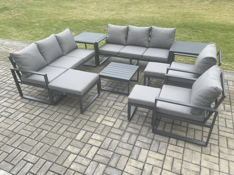 Fimous Aluminium Outdoor Garden Furniture Set Patio Lounge Sofa with Square Coffee Table 2 Side Tables 2 Armchairs 3 Footstools Dark Grey