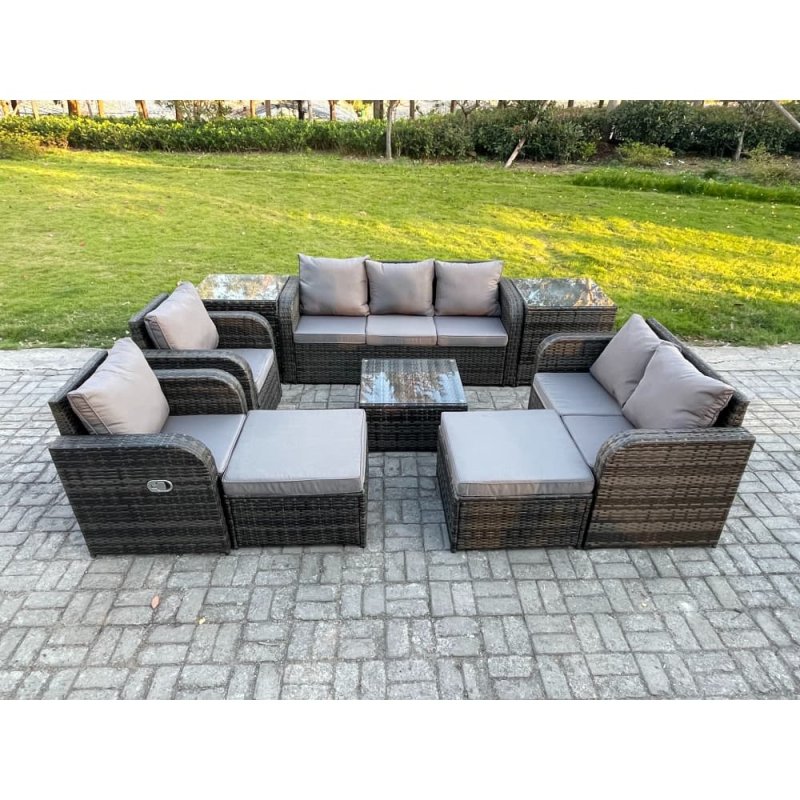 Fimous Rattan Garden Furniture 9 Piece Patio Set Table Sofa Chairs With 2 Big Footstool 2 Side Tables