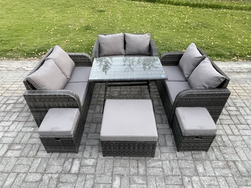 Fimous Outdoor Rattan Garden Furniture Set 9 Seater Patio Love Sofa Set with Rectangular Dining Table 3 Footstools Dark Grey Mixed
