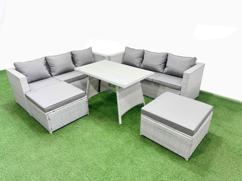 Fimous Rattan Garden Furniture Dining Set 8-seater Patio Rectangular Table 3 Seater Sofa Set with 2 Big Stools Light Grey