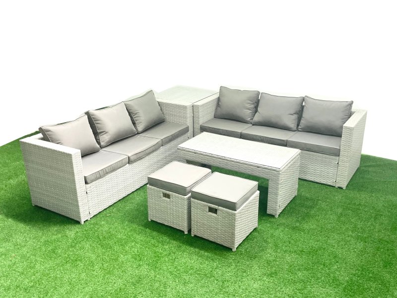 Fimous 8 Seater Garden Outdoor Rattan Furniture Set Rattan Garden Sofa Oblong Coffee Table with 2 Small Footstool Side Table Light Grey Mixed