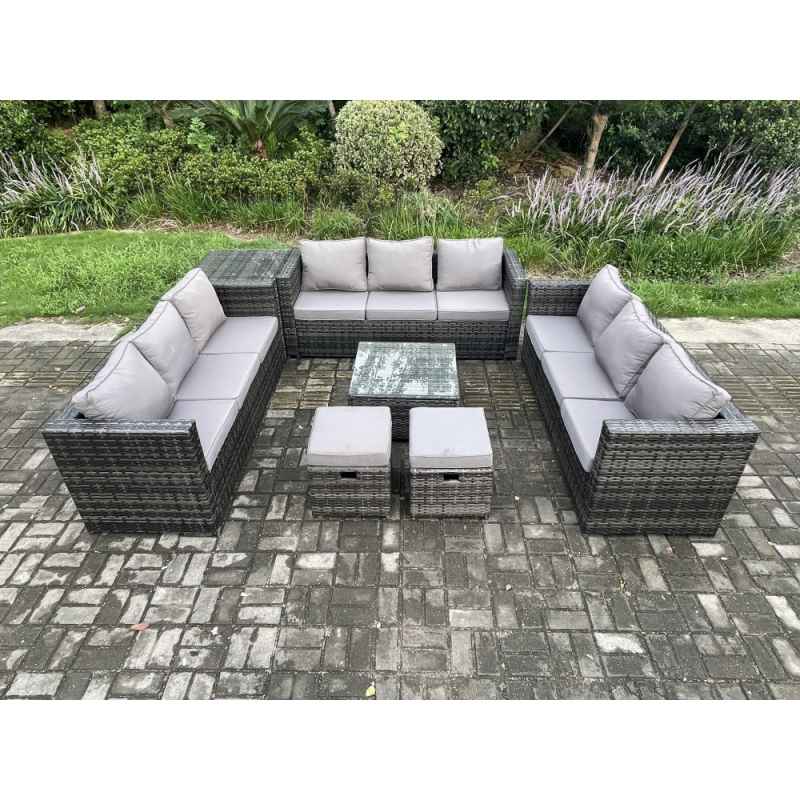 Fimous 11 Seater Outdoor Rattan Garden Furniture Set Patio Lounge Sofa Set with Side Table Square Coffee Table 2 Small Footstool Dark Grey Mixed