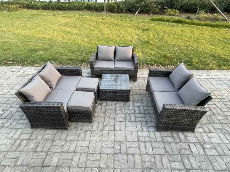 Fimous Outdoor Lounge Sofa Set Wicker PE Rattan Garden Furniture Set with Square Coffee Table Double Seat Sofa 2 Small Footstools Dark Grey Mixed