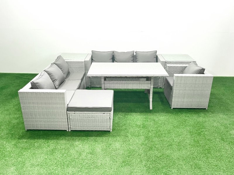 Fimous 7 Pieces Outdoor Rattan Sofa Set with Cushions Patio Garden Furniture Sets with Armchair Dining Table 2 Side Tables Big Footstool