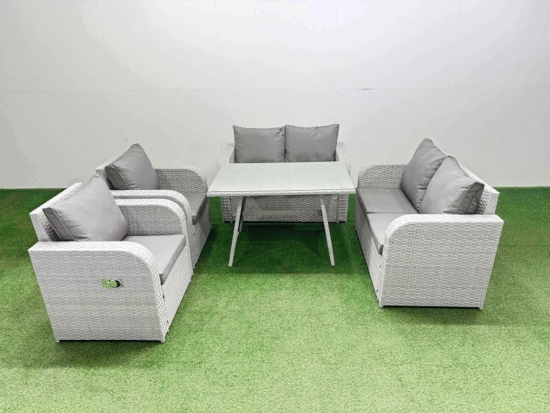 Fimous 6 Seater Rattan Garden Furniture Set Outdoor Love Sofa Set with Rectangular Dining Table Light Grey
