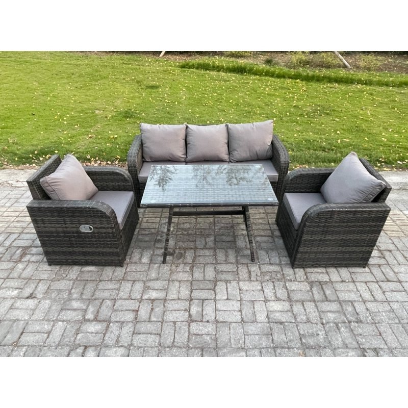 Fimous Rattan Wicker Garden Furniture Patio Conservatory Sofa Set with Rectangular Dining Table Reclining Chair 3 Seater Sofa