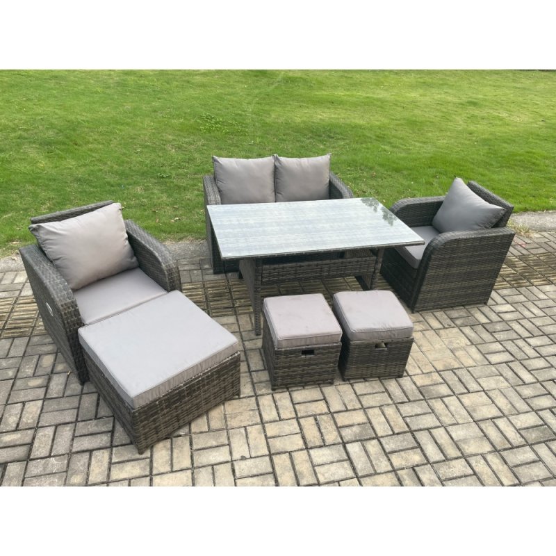 Fimous Rattan Outdoor Garden Furniture Set Rectangular Dining Table and Chair Sofa Set With 3 Footstools Dark Grey Mixed