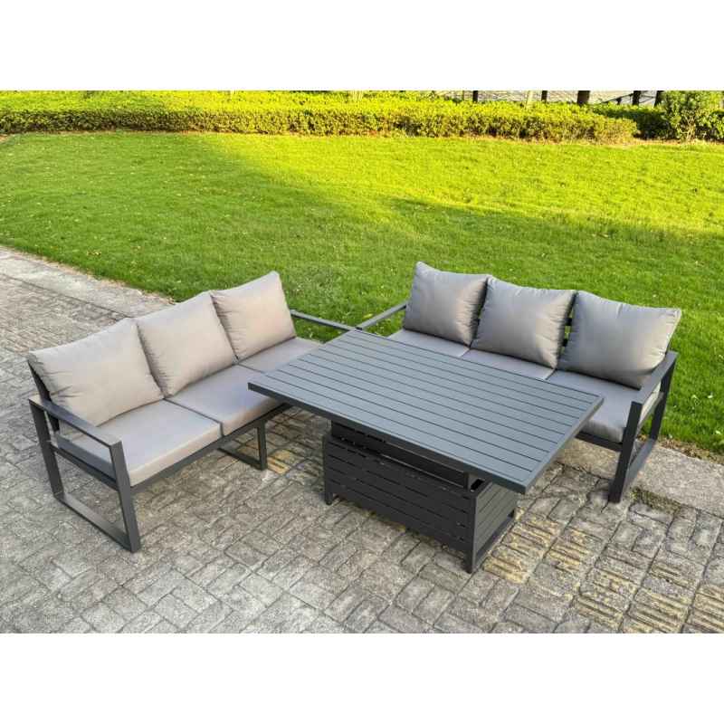 Fimous Aluminium Garden Furniture Sets 9 Seater Outdoor Sofa Set with Adjustable Rising Lifting Dining Table 2 Chairs 4 Footstools 2 Side Tables