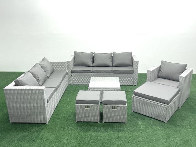 Fimous Wicker PE Rattan Sofa Garden Furniture Set with Armchair Square Coffee Table 3 Footstools Light Grey Mixed