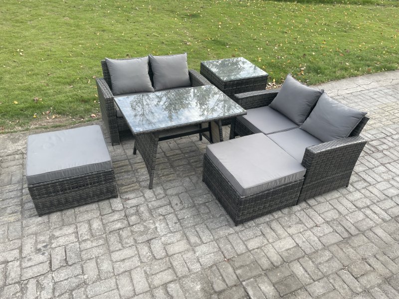 Fimous 6 Seater Garden Dining Set Wicker PE Rattan Outdoor Furniture Sofa with Rectangular Dining Table Double Seat Sofa 2 Big Footstool Side Table Dark Grey Mixed