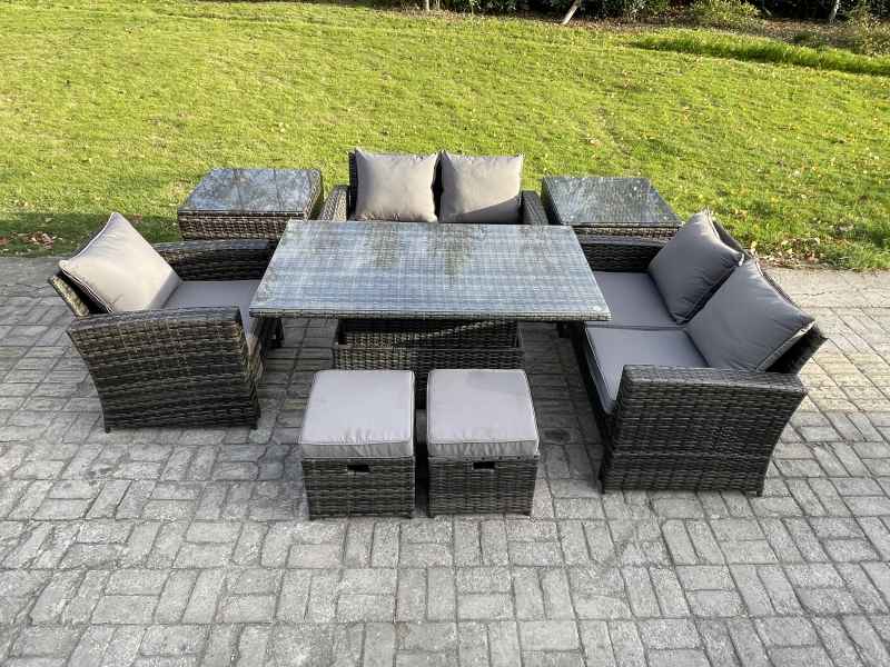 Fimous 7 Seater Outdoor Rattan Patio Furniture Set Garden Height Adjustable Rising Lifting Table Sofa Dining Set with 2 Side Tables 2 Small Footstools Dark Grey Mixed