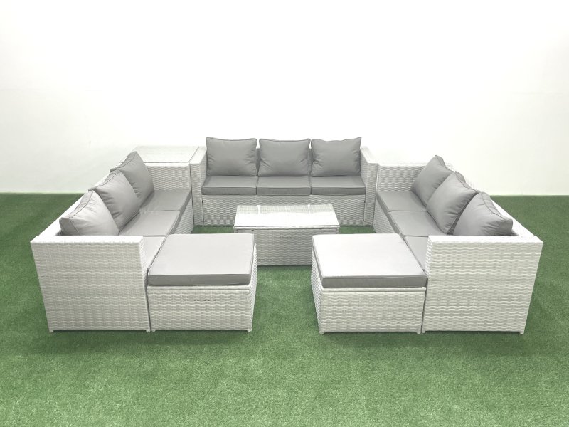 Fimous Rattan Garden Outdoor Furniture Set 11 Seater Garden Sofa Coffee Table Set with 2 Big Footstools Side Table Light Grey Mixed