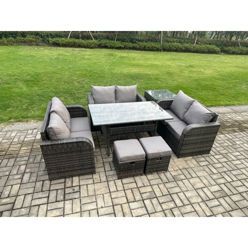 Fimous 8 Seater Outdoor Rattan Garden Furniture Set with Patio Rectangular Dining Table Love Sofa Side Table 2 Small Footstools Dark Grey Mixed