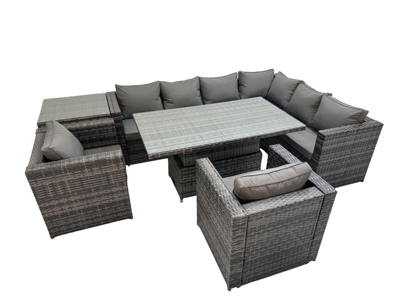 Fimous 8 Seater Rattan Height Adjustable Rising Lifting Table Corner Sofa Sets with 2 Chairs Side Table Dark Grey Mixed