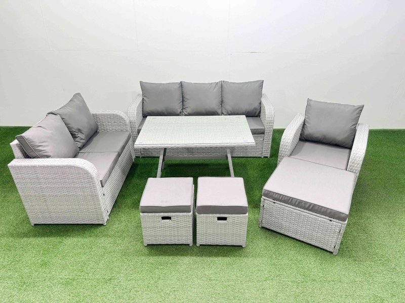 Fimous Rattan High Back Lounge Sofa Set Patio Dining Table & Chairs Set with 3 Seater Sofa Reclining Chair 3 Stool Light Grey