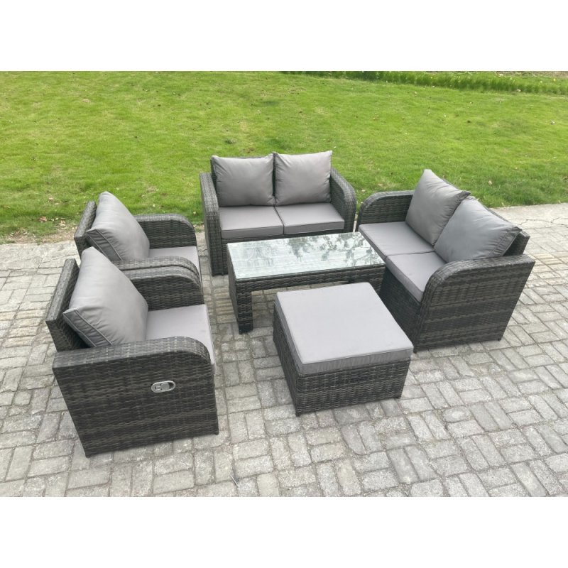 Fimous Rattan Garden Furniture Set with Rectangular Coffee Table Big Footstool 7 Seater Patio Outdoor Lounge Sofa Set