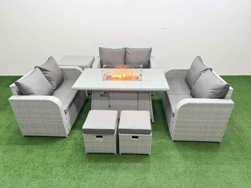 Fimous 8 Seater PE Wicker Rattan Furniture Sofa Sets with Firepit Dining Table 2 Seater Love Sofa 2 Stool Side Table Light Grey