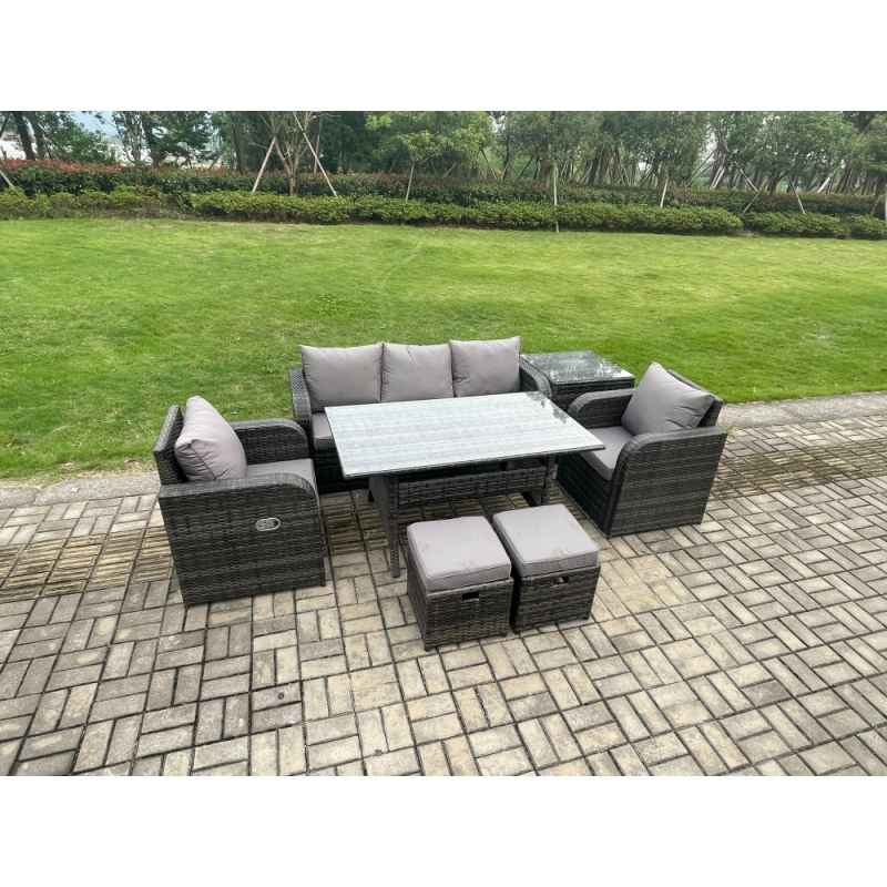 Fimous Wicker PE Rattan Garden Furniture Set Outdoor Rectangular Dining Table and Chair Sofa Set With Side Table 2 Small Footstools Dark Grey Mixed