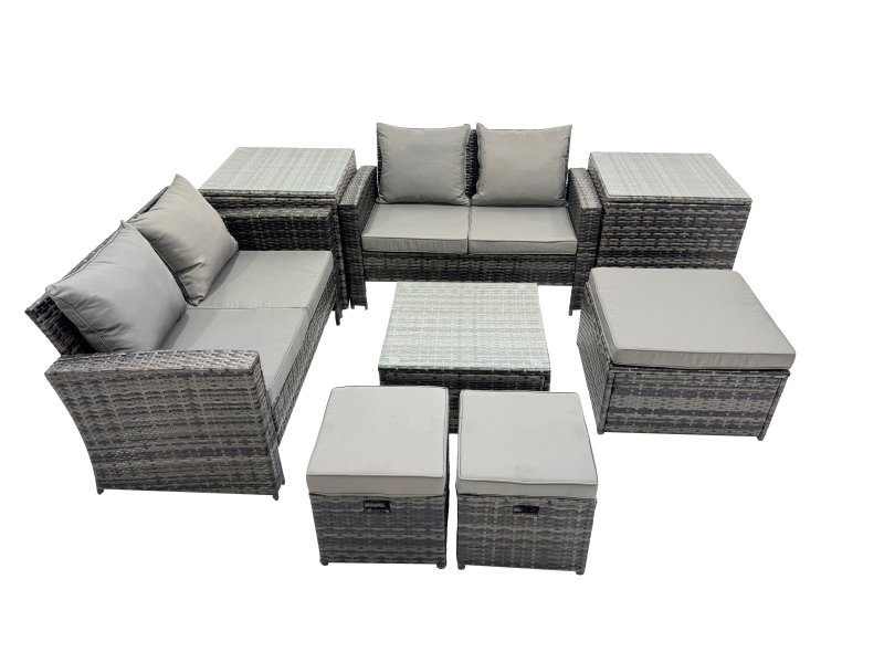 Fimous PE Rattan Garden Furniture Set Lounge Double Seat Sofa Coffee Table Set with 2 Side Tables 3 Stools Dark Grey Mixed
