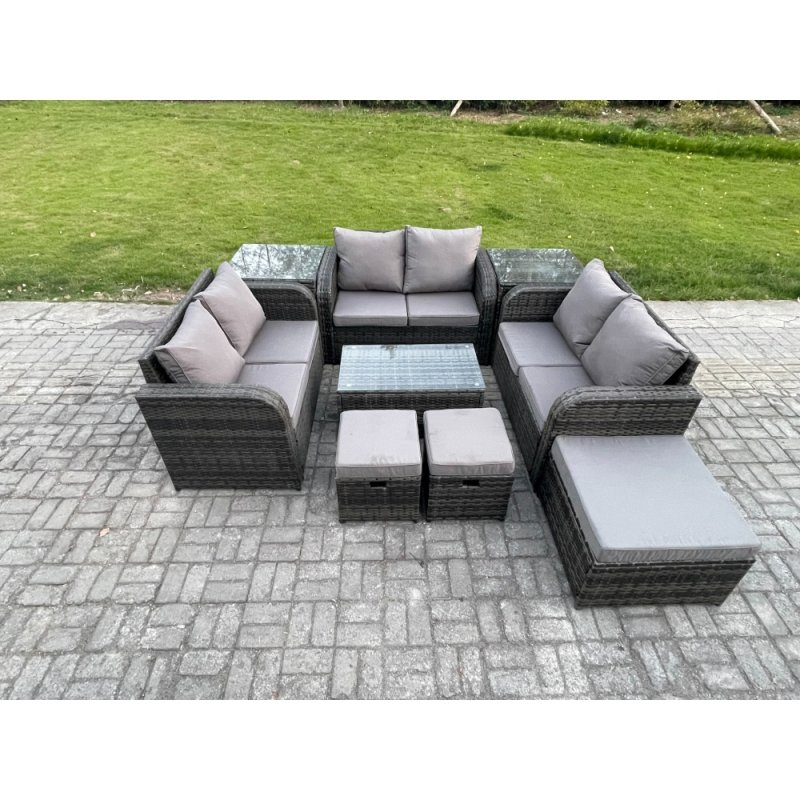 Fimous Wicker PE Rattan Garden Furniture Set Outdoor Lounge Sofa Set with Love Sofa Coffee Table 2 Side Tables 3 Footstools Dark Grey Mixed