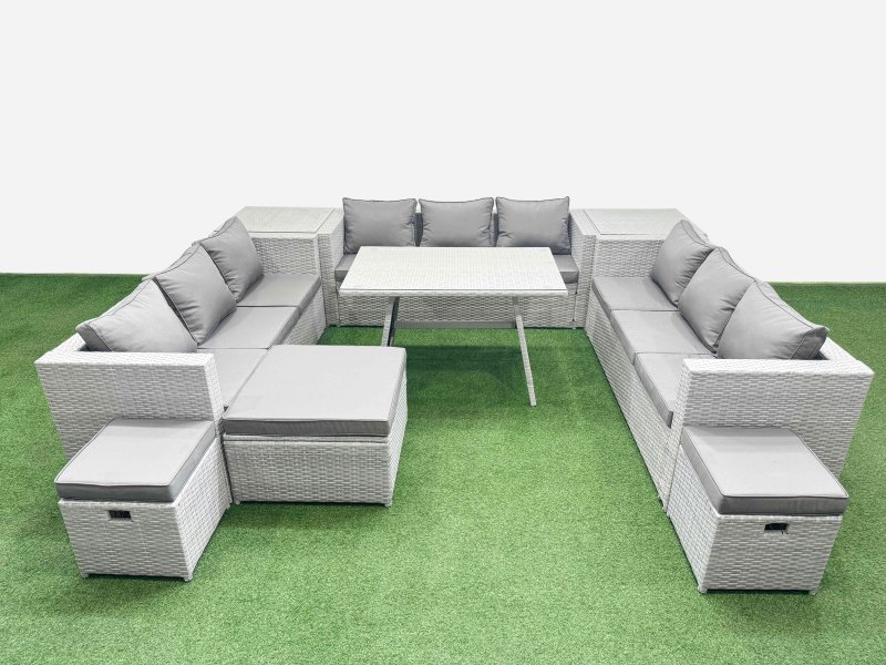 Fimous 12 Seat Outdoor Patio PE Rattan Garden Furniture with Cushions 3 Seater Sofa 2 Side Tables 3 Stool Light Grey