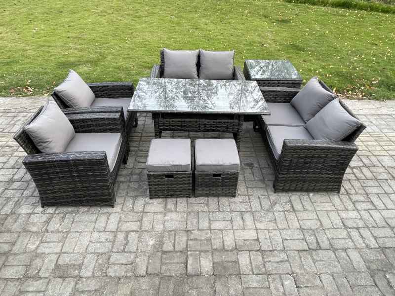 Fimous Rattan Garden Furniture Set 8 Seater Patio Outdoor Lounge Sofa Set with Oblong Dining Table Double Seat Sofa Side Table 2 Small Footstools Dark Grey Mixed
