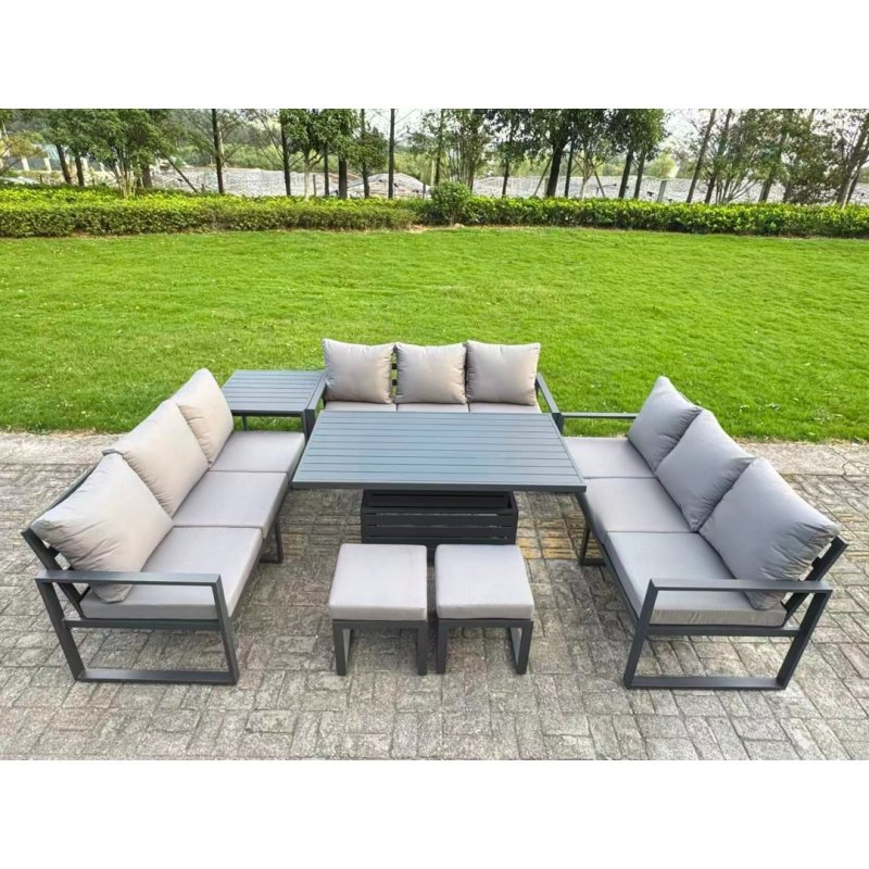 Fimous U-shaped Garden Furniture Set 11-Seater Aluminium Outdoor Dining Set with Adjustable Rising Lifting Dining Table 2 Small Footstools Dark Grey