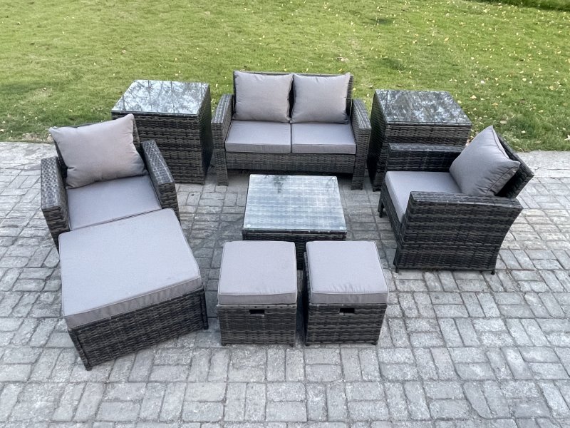 Fimous Rattan Wicker Garden Furniture Patio Conservatory Sofa Set with Square Coffee Table Armchair 2 Seater Sofa 3 Footstools 2 Side Tables