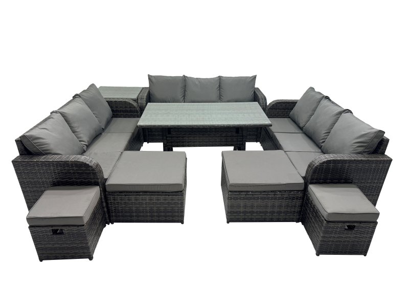 Fimous 13 Seater Garden Outdoor Rattan Furniture Set Rattan Sofa Oblong Dining Table with Side Table 4 Footstools Dark Grey