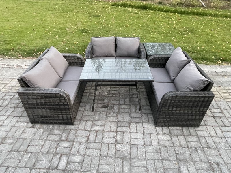 Fimous Rattan Garden Furniture Set 6 Seater Patio Outdoor Love Sofa Set with Rectangular Dining Table Side Table Dark Grey Mixed