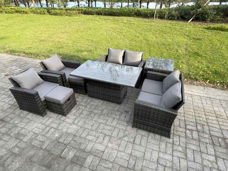 Fimous Rattan Garden Furniture Sets 8 Seater Patio Outdoor Rising Lifting Table Sofa Set with Double Seat Sofa Side Table 2 Small Footstools Dark Grey Mixed
