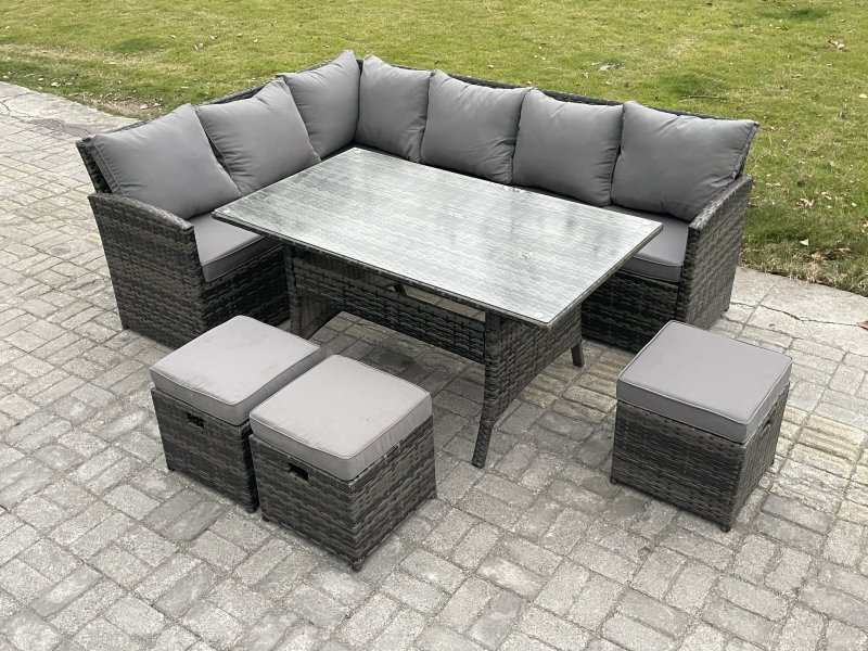 Fimous Outdoor Rattan Garden Furniture Corner Sofa Set with Rectangular Dining Table 3 Small Footstools Patio Wicker Rattan Set Dark Grey Mixed