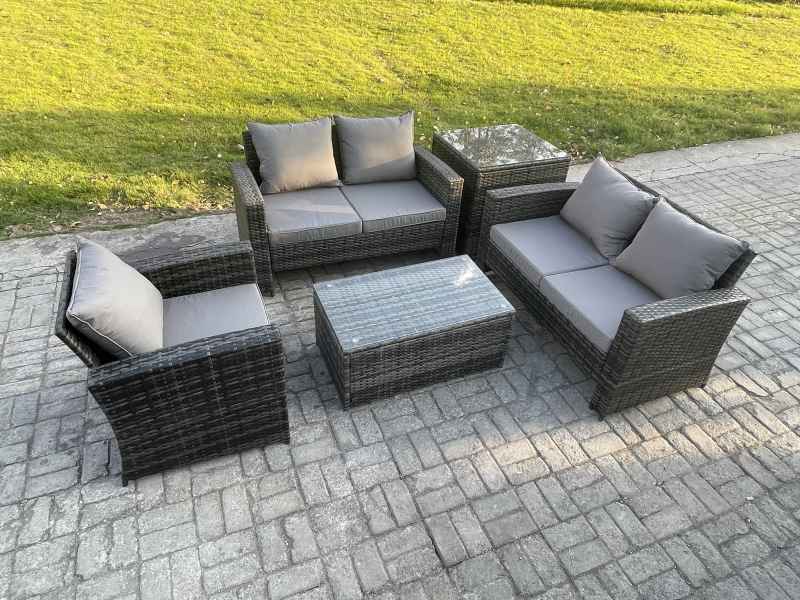 Fimous Wicker Rattan Garden Furniture Sofa Set with Rectangular Coffee Table Double Seat Sofa Chair Side Table 5 Seater Outdoor Rattan Set Dark Grey Mixed