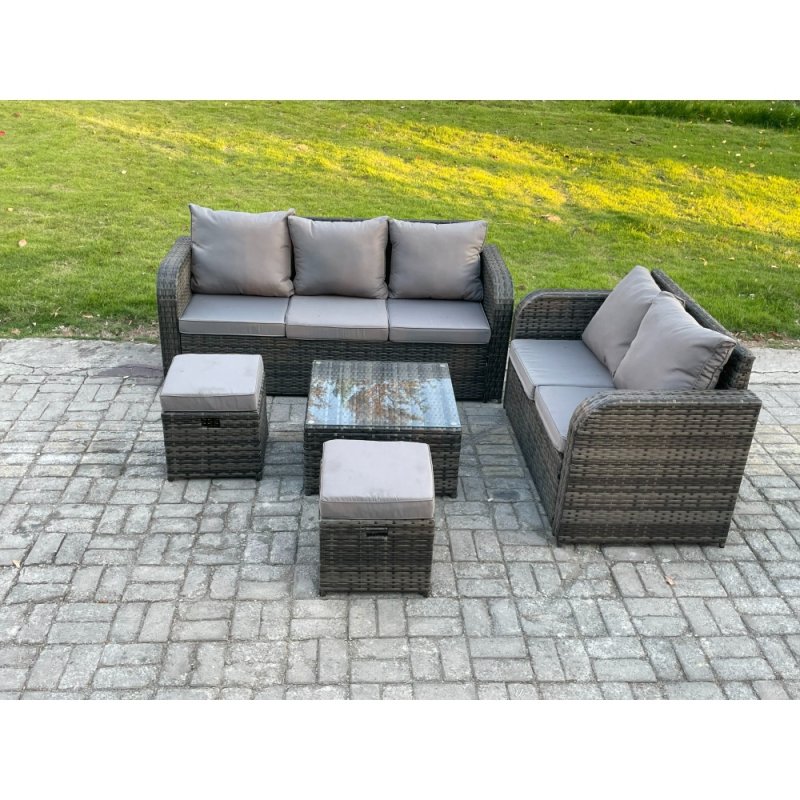 Fimous PE Rattan Garden Furniture Sets 7 Seater Outdoor Lounge Sofa Set Square Coffee Table 2 Small Footstools
