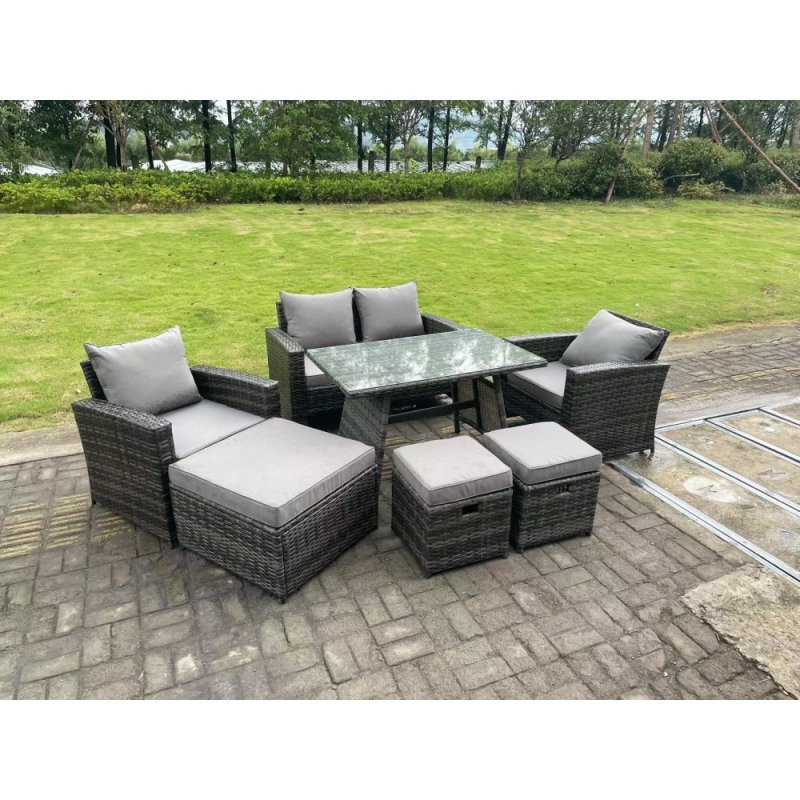 Fimous 7 Seater Dark Grey Mixed High Back Rattan Sofa Set Dining Table Garden Furniture Outdoor