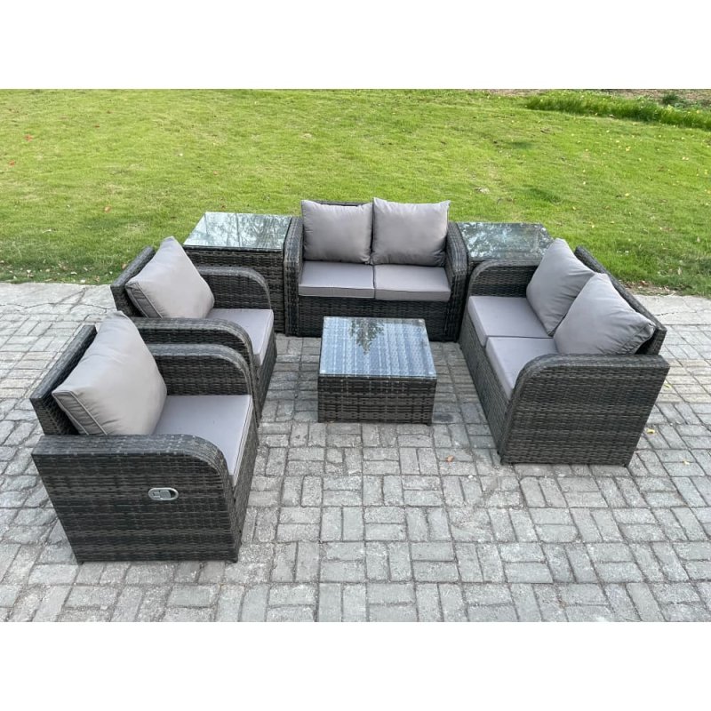 Fimous 6 Seater Rattan Sofa Set Outdoor Garden Furniture Set with Square Coffee Table Loveseat Sofa Reclining Chairs 2 Side Tables Dark Grey Mixed
