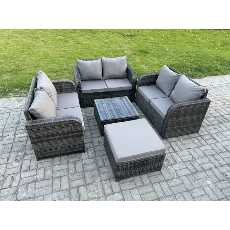 Fimous Outdoor Garden Furniture Sets 7 Seater Wicker Rattan Furniture Sofa Sets with Square Coffee Table Love seat Sofa Big Footstool