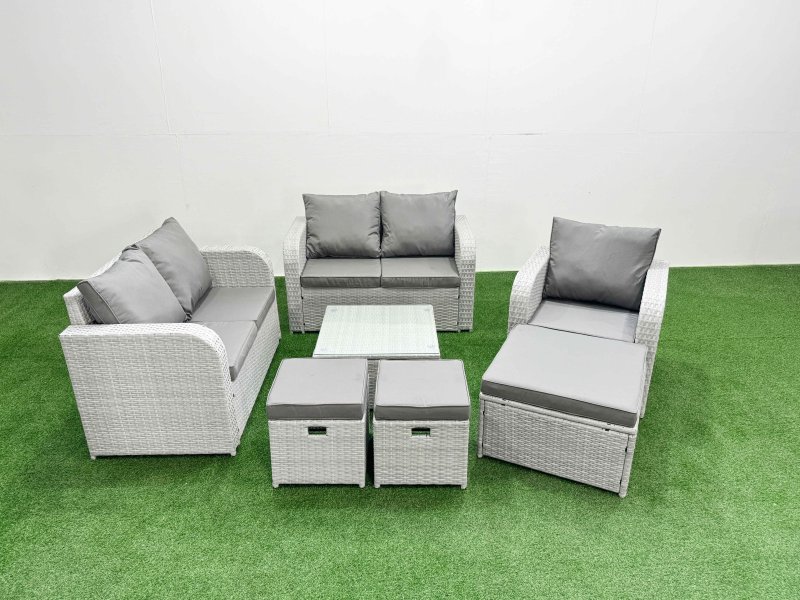 Fimous High Back Poly Rattan Garden Furniture Set with Reclining Chair Loveseat Sofa Square Coffee Table Indoor Outdoor Patio Set 3 Stools Light Grey