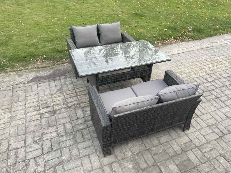 Fimous Dark Grey PE Wicker Rattan Garden Furniture Set Love Sofa Outdoor Rectangular Dining Table