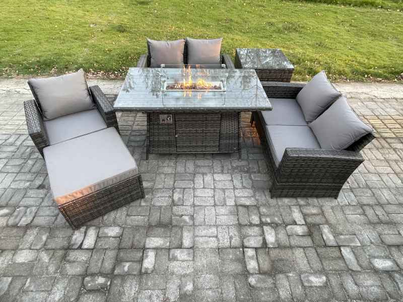 Fimous Rattan Outdoor Garden Furniture Gas Fire Pit Table Sets Gas Heater with Love Sofa Armchair Big Footstool Side Table 6 Seater Dark Mixed Grey