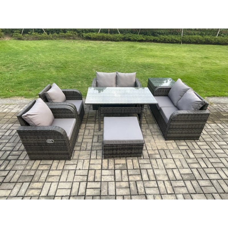 Fimous Rattan Outdoor Furniture Garden Dining Set Rectangular Table and Chair Sofa Set With Side Table Big Footstool Dark Grey Mixed