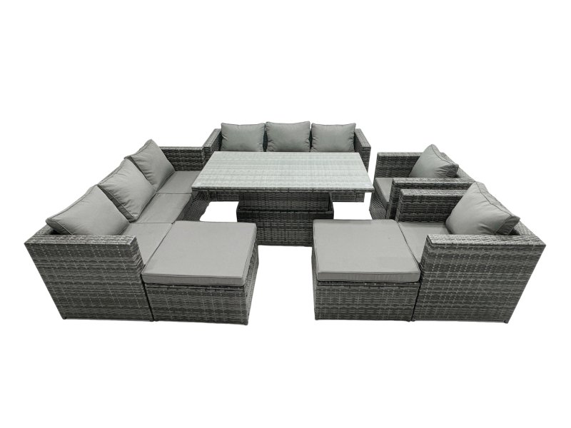 Fimous Rattan Dining Table Sofa Set with 2 Armchair 2 Stools Outdoor 10 Seat Garden Furniture Set Dark Grey Mixed