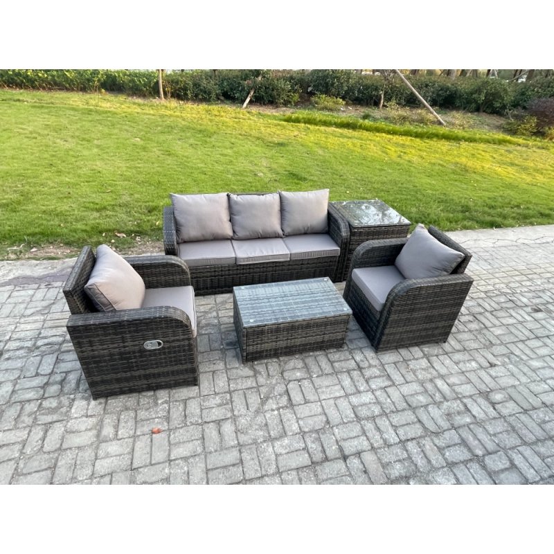 Fimous Outdoor Rattan Garden Furniture Set Patio Lounge Sofa Set with Reclining Chair Rectangular Coffee Table Side Table Dark Grey Mixed