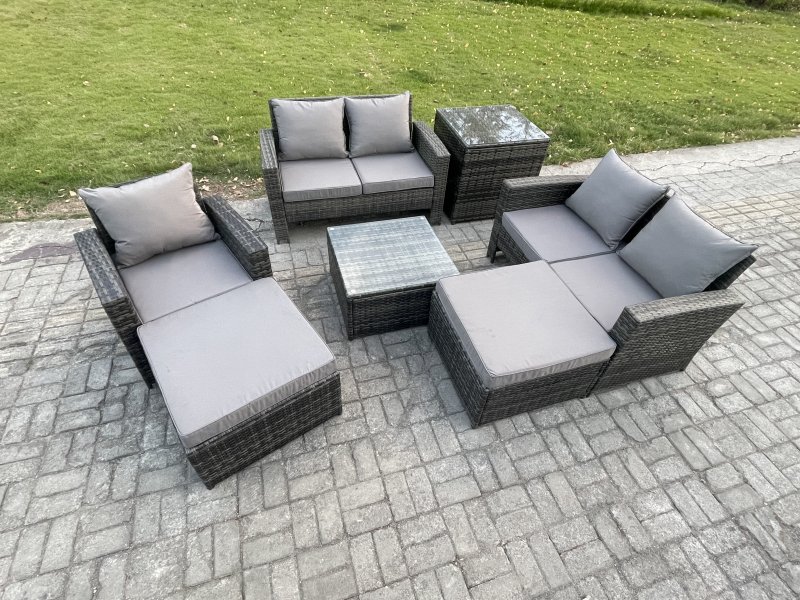 Fimous 7 Seater Outdoor Rattan Garden Furniture Set Conservatory Patio Sofa Coffee Table Set with Chair Side Table 2 Big Footstool Dark Grey Mixed
